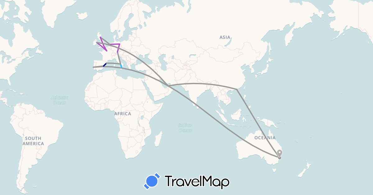 TravelMap itinerary: driving, plane, train, boat in United Arab Emirates, Australia, China, Germany, Spain, France, United Kingdom, Ireland, Italy, Netherlands, Portugal (Asia, Europe, Oceania)